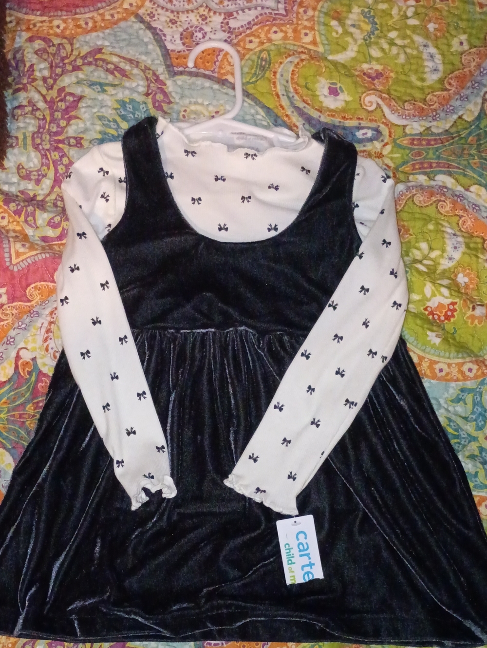 Carter's Blue Velvet Jumper with White Bow-Print Top Set